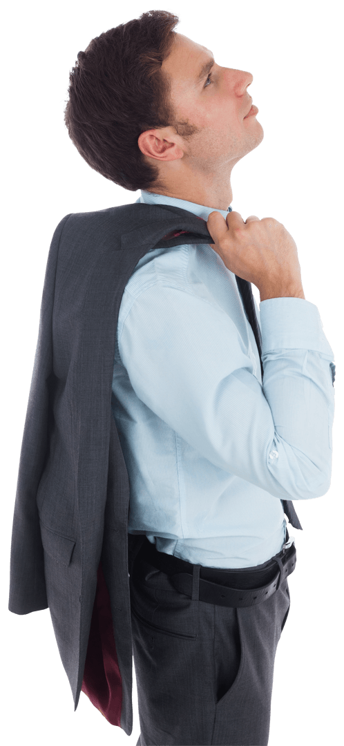 Transparent Ceo Reflecting in Formal Attire with Jacket Over Shoulder