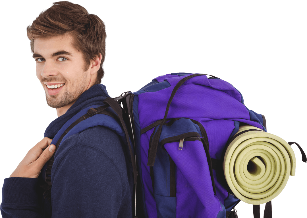 Transparent Happy Man with Camping Backpack Looking Over Shoulder
