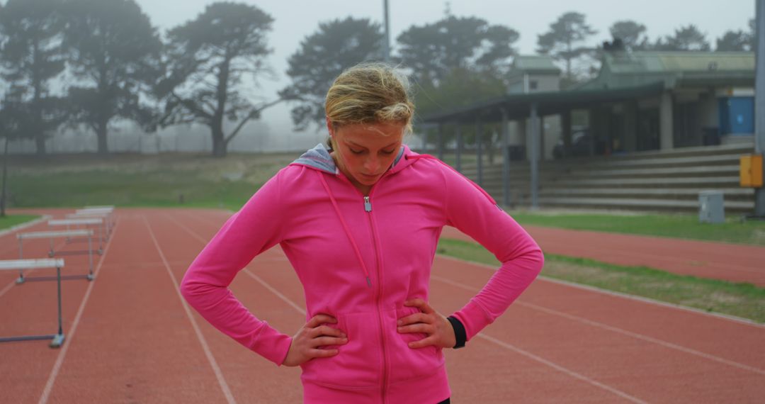 Female Athlete Taking Break on Track in Foggy Morning - Free Images, Stock Photos and Pictures on Pikwizard.com