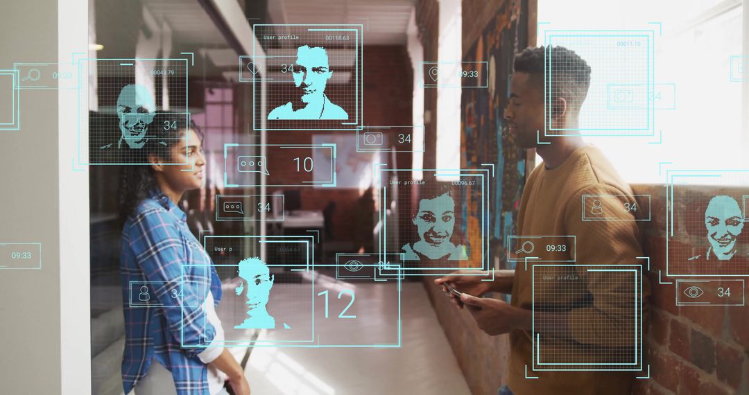 Colleagues Discussing with Digital Facial Recognition Overlays