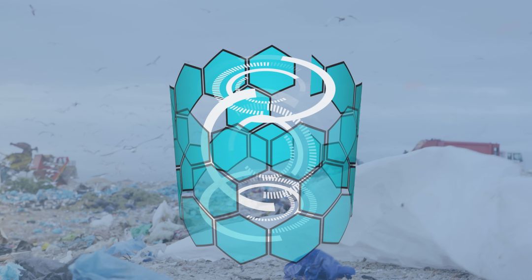 Futuristic Waste Management Illustration with Digital Hexagons