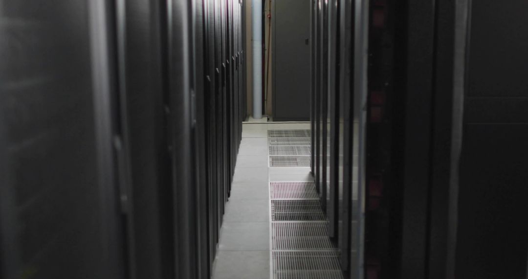 Narrow aisle running between server racks in modern data center with raised floor vents