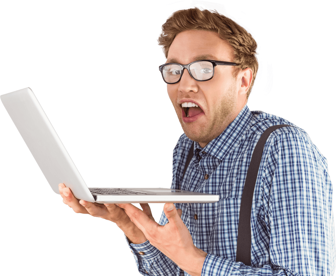 Transparent Surprised Geeky Businessman with Laptop