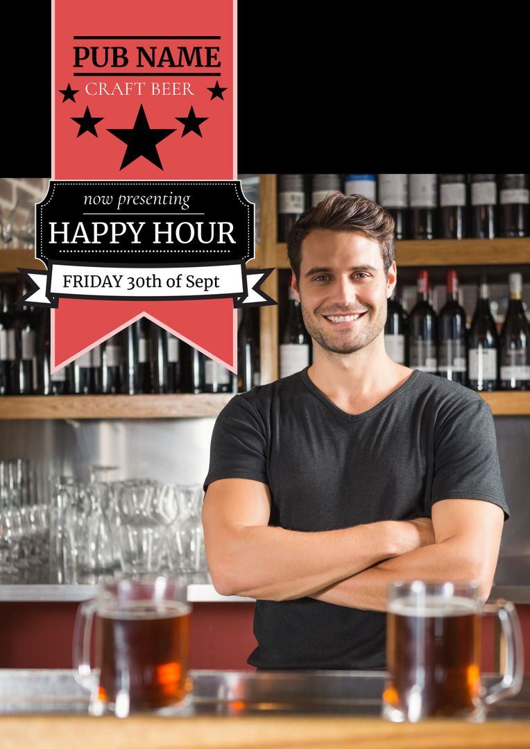 Cheerful Bartender Promoting Happy Hour at Pub with Craft Beer Specials