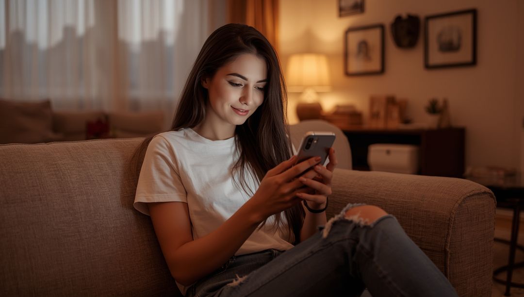 Young Woman Relaxing with Smartphone on Comfortable Sofa