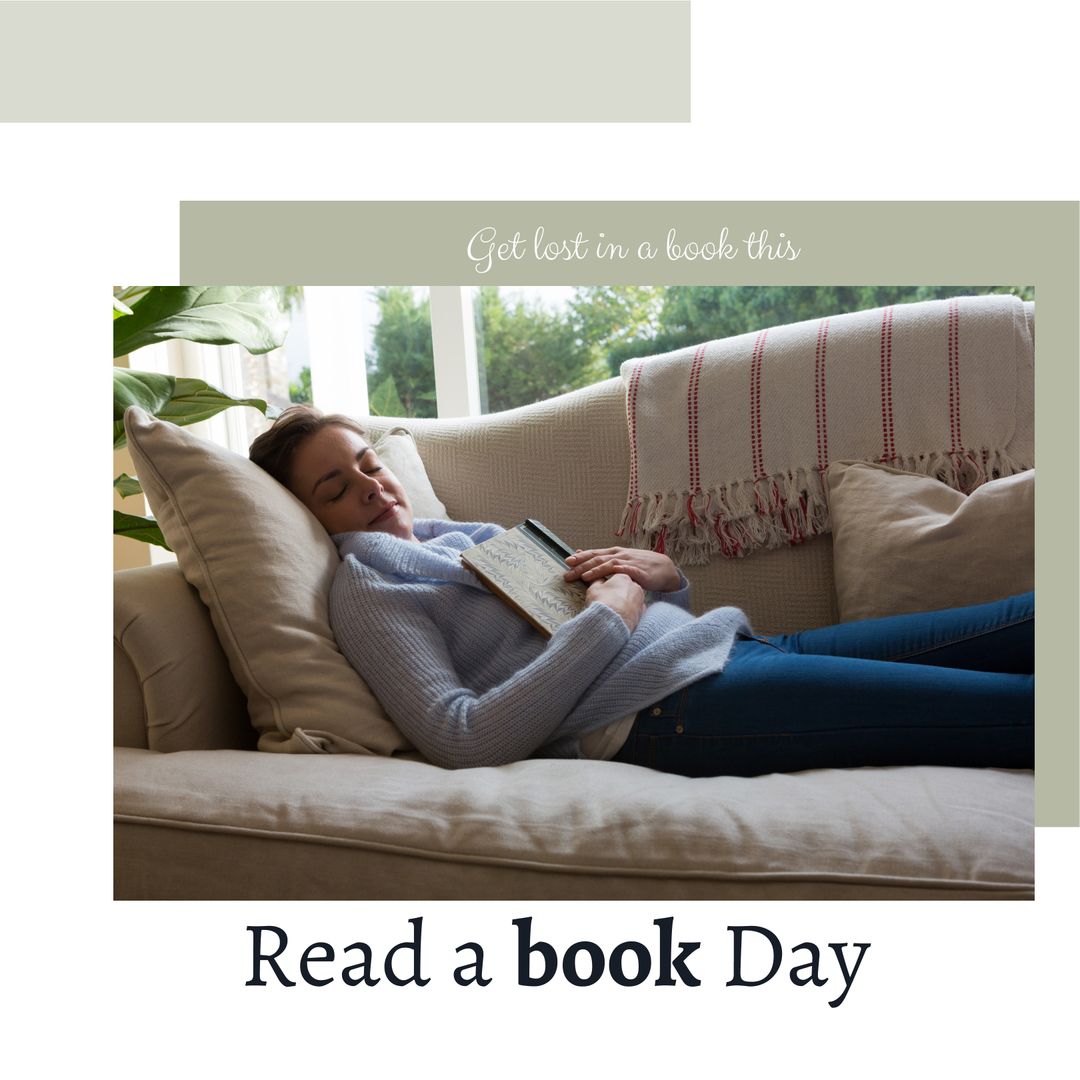 Relaxed Woman Sleeping with Book on Sofa Celebrating Reading Day