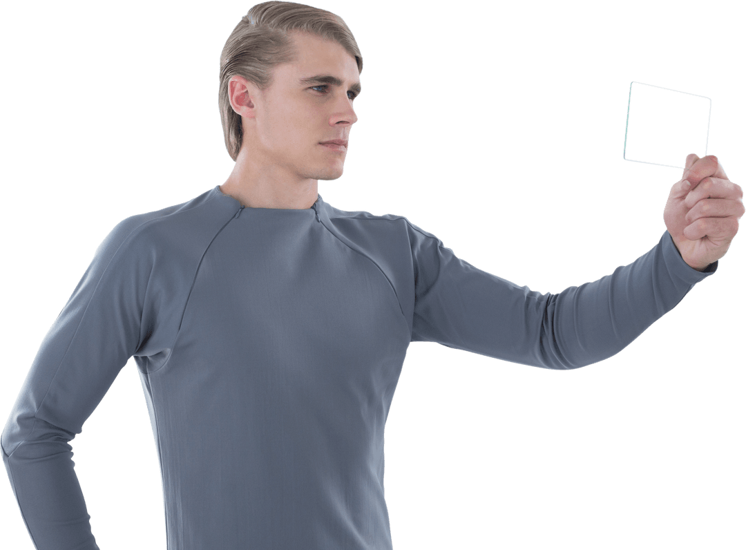 Young Man Interacting with Transparent Exhibit Tile