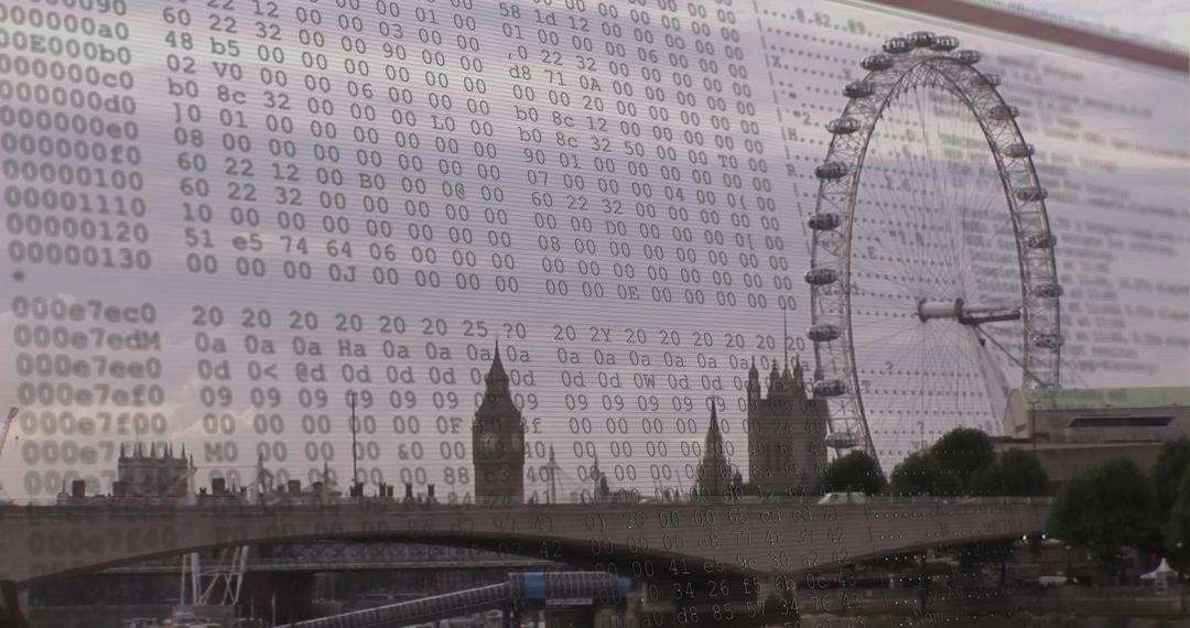 London Skyline Blended with Hex Code Overlay Symbolizing Digital Connectivity