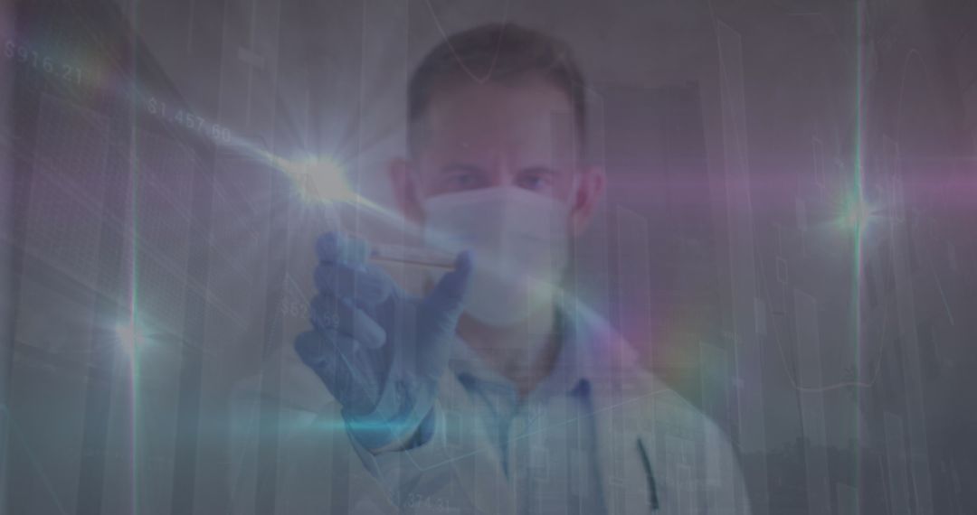 Masked Doctor Pointing with Futuristic Data Overlay during Pandemic