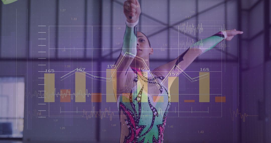 Digital Financial Data Overlaid on Gymnast Performing Routine