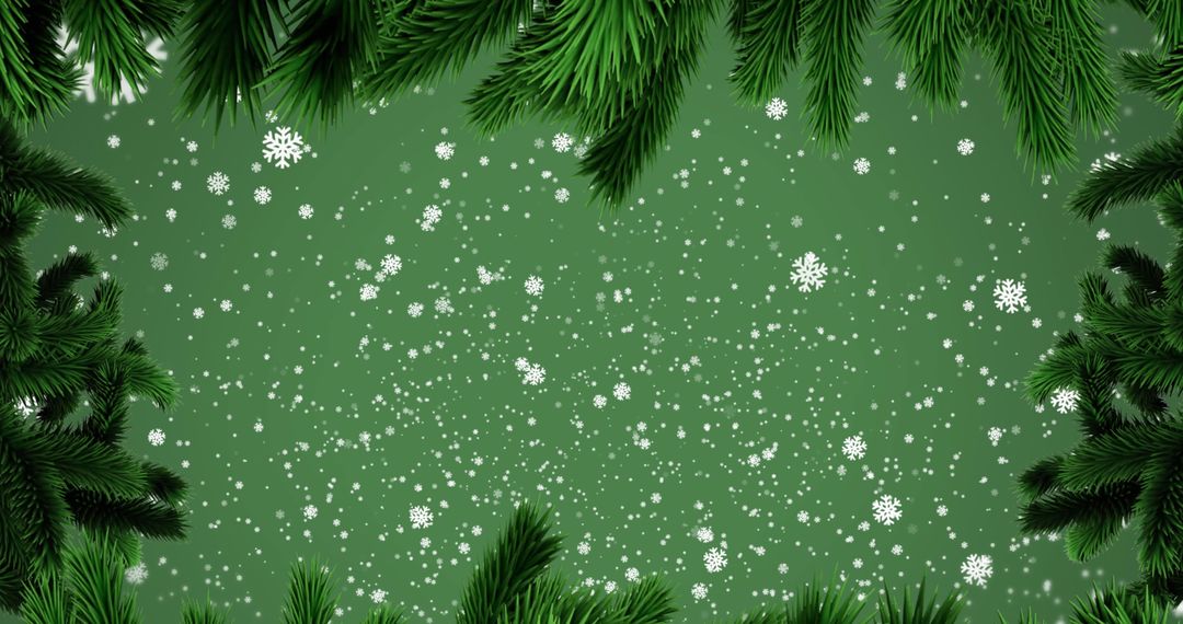 Falling Snowflakes with Fir Branch Border on Green Background