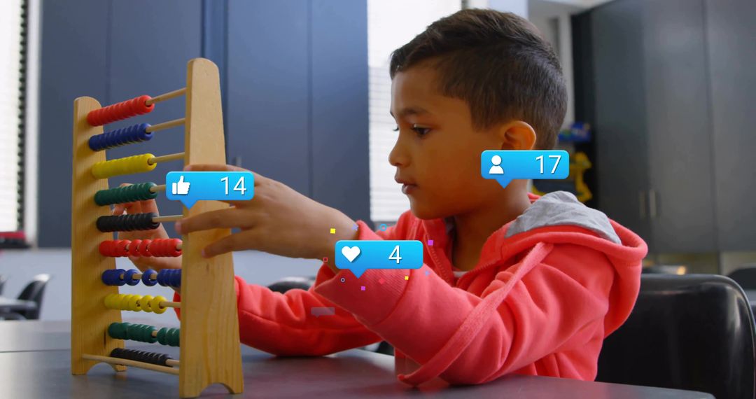 Boy Counting with Wooden Abacus Conveys EdTech and Learning Concepts