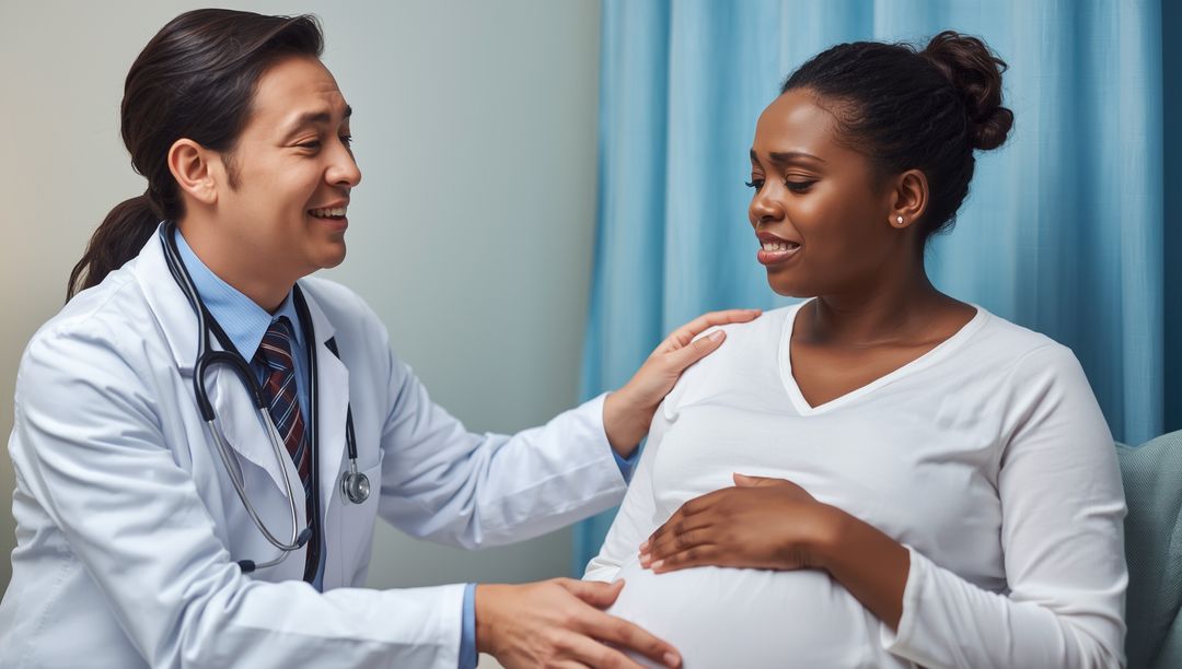 Smiling Doctor Consulting Pregnant Patient in Maternity Clinic