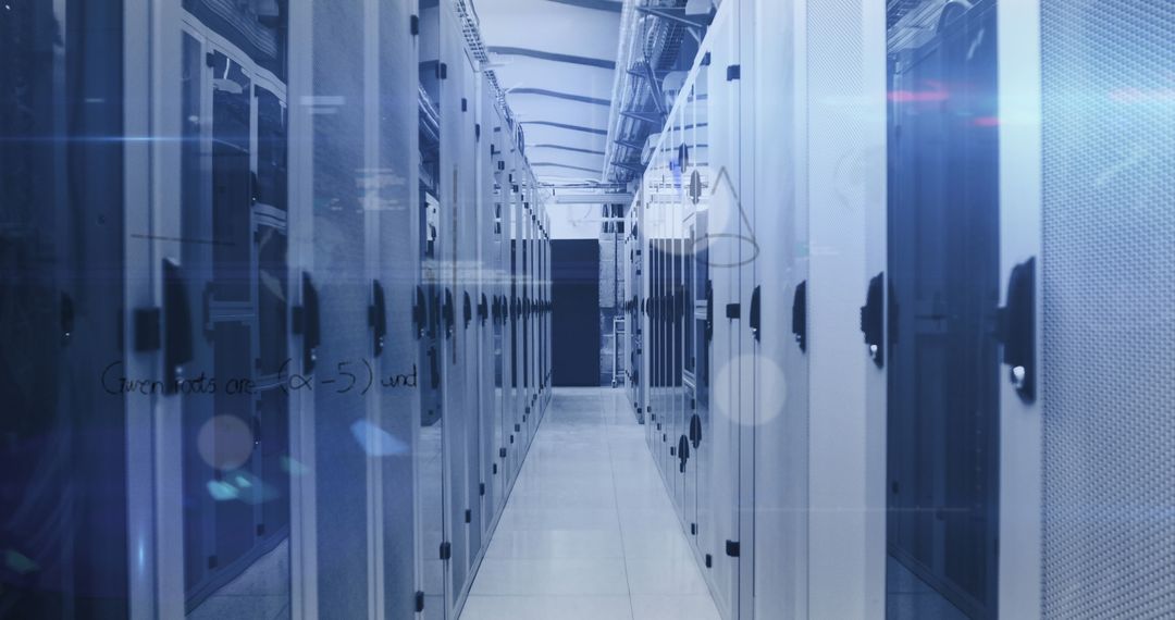 Modern Data Center Server Room with Digital Interface Overlay