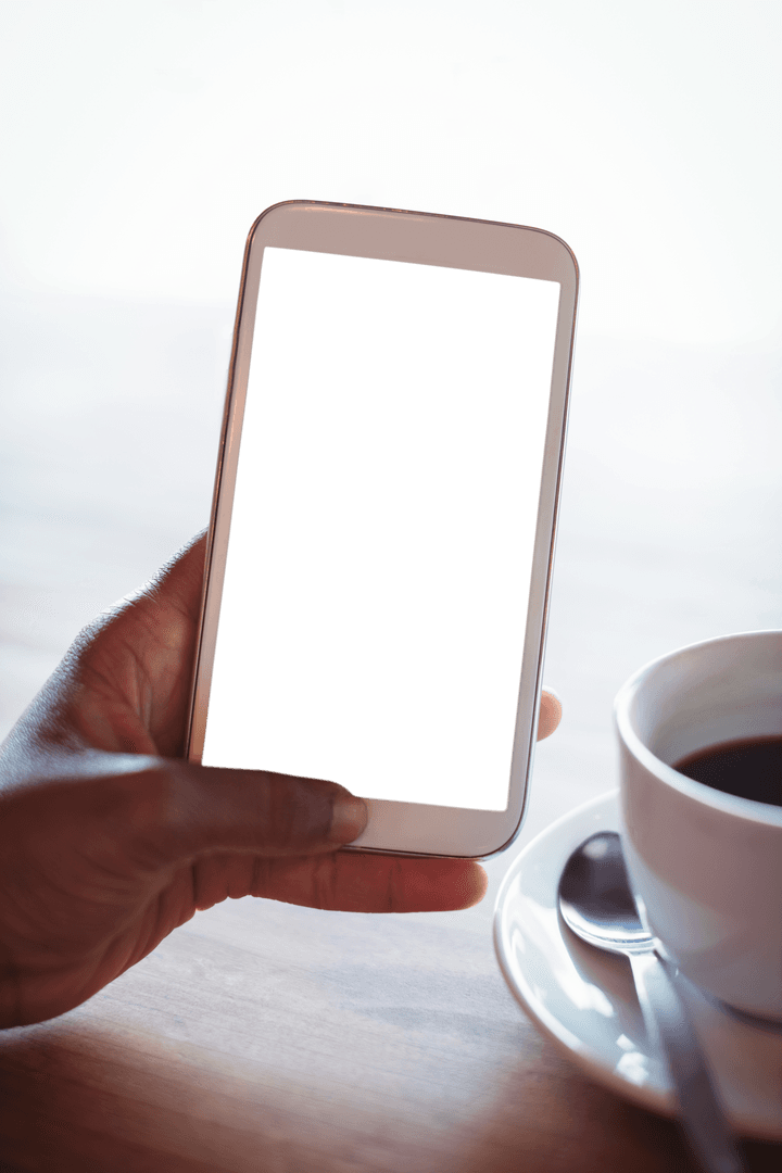 Transparent Smartphone Display with Coffee in Relaxed Setting