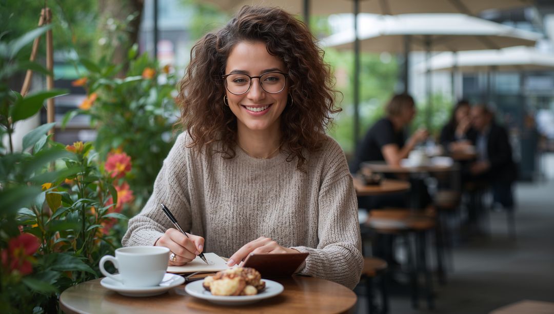 Smiling woman writing in notebook at outdoor cafe terrace with coffee and pastry