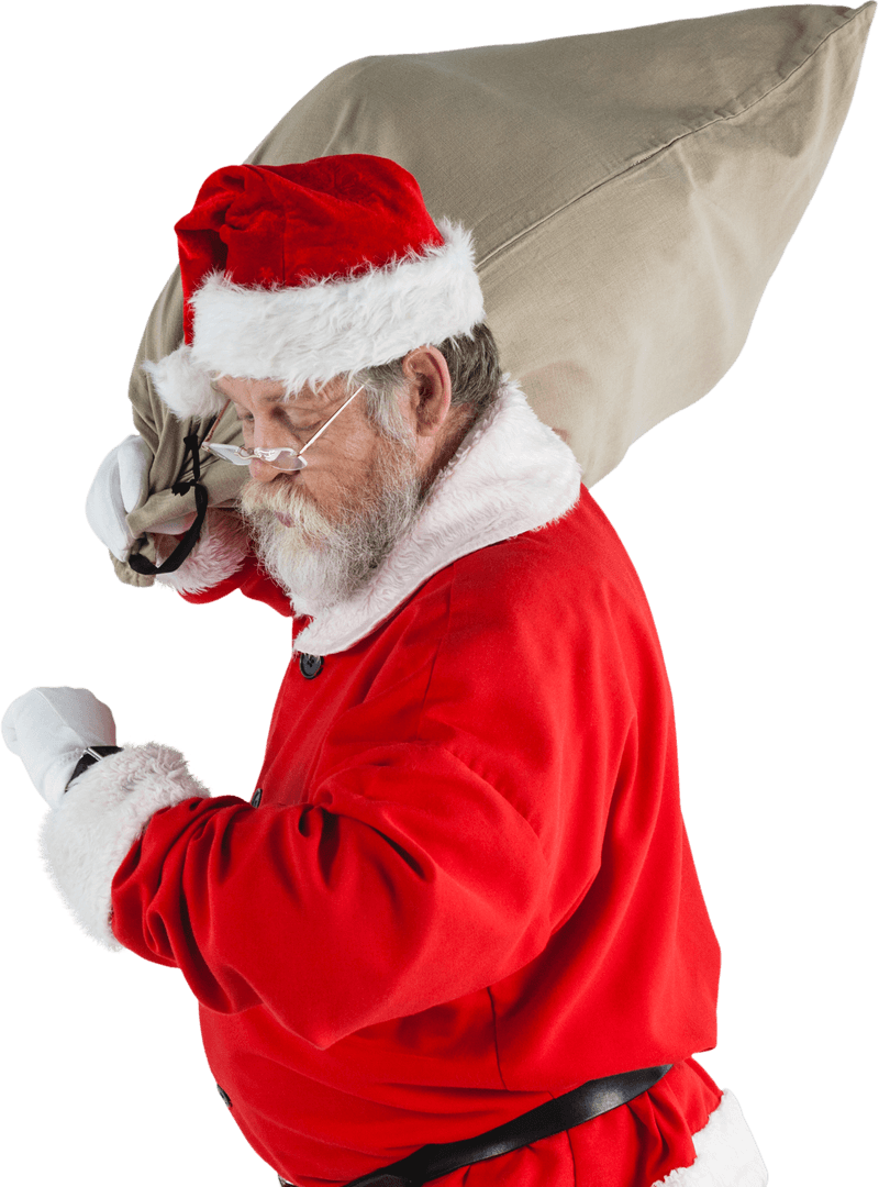 Santa Claus Checking Time with Sack of Christmas Gifts Transparent