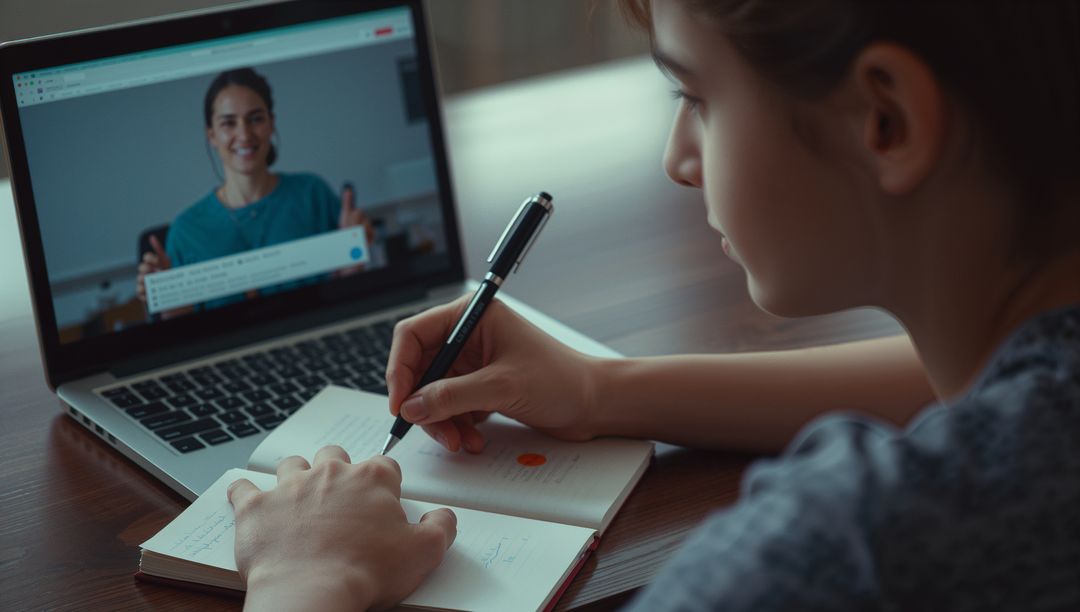 Student Taking Notes from Online Classroom Session on Laptop
