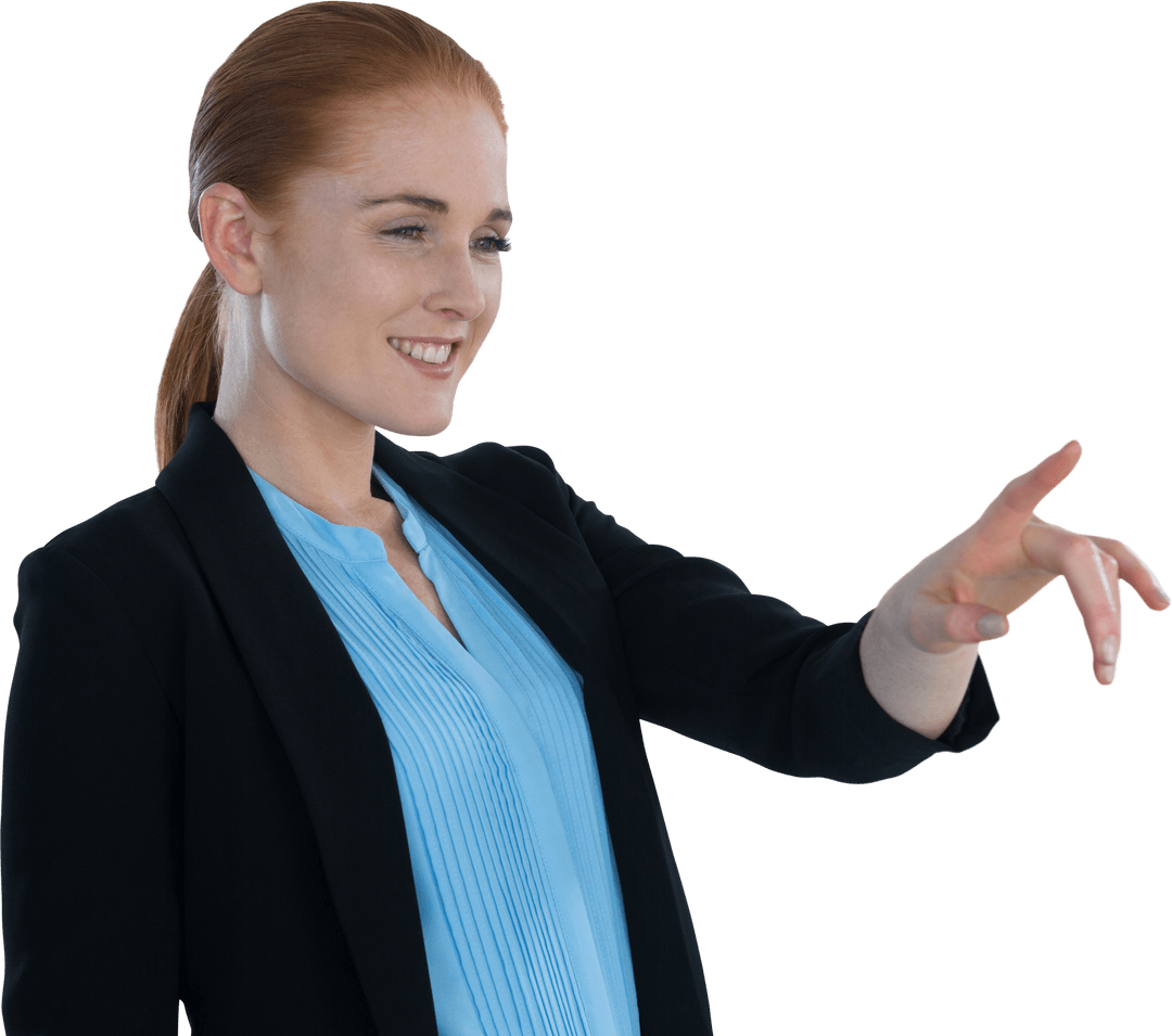 Transparent Smiling Businesswoman Engaging with Invisible Technology
