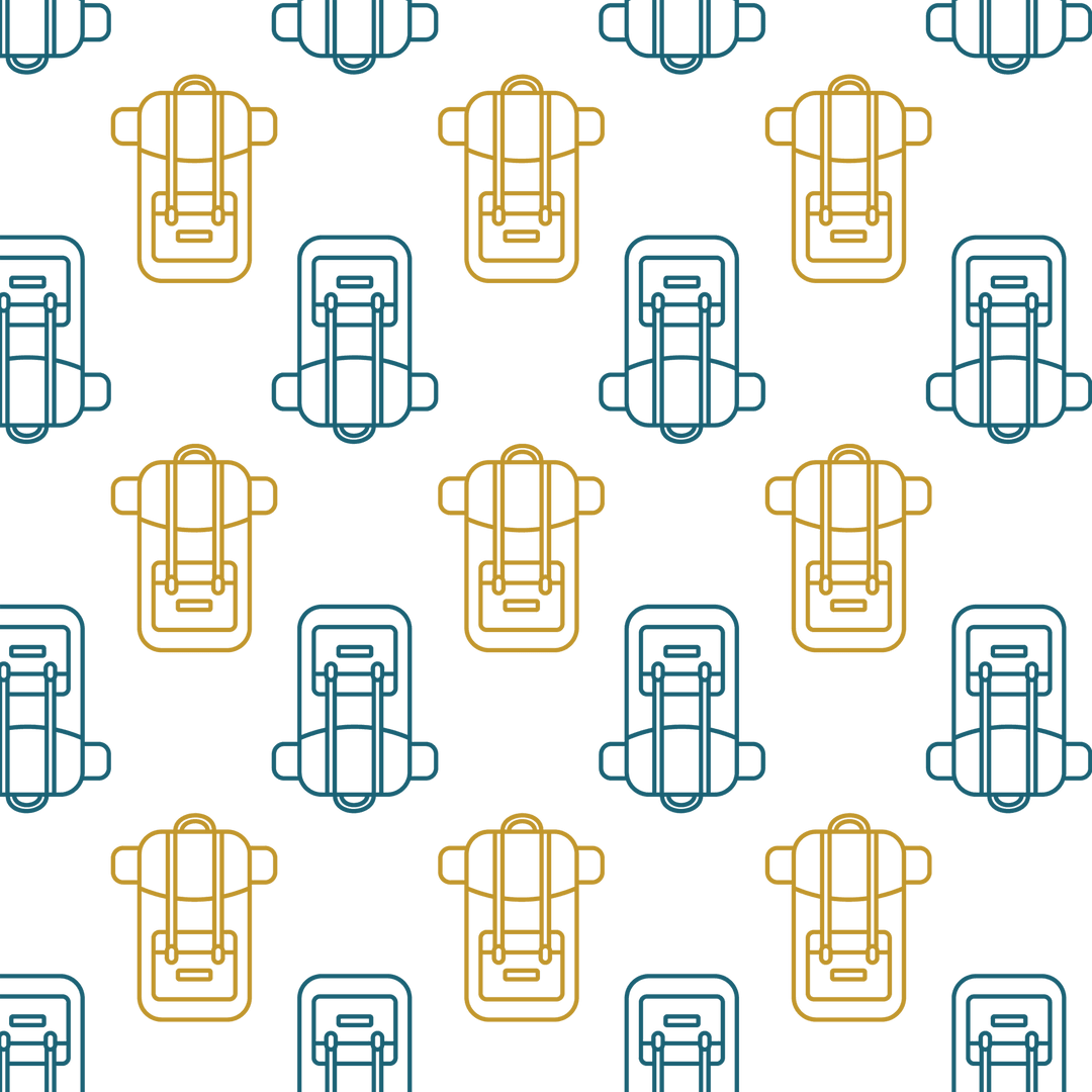 Transparent Background Seamless Pattern with Yellow Blue Backpack Design