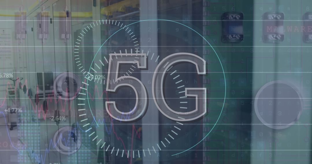 5G Technology Overlaid on Server Room with Data Visualization