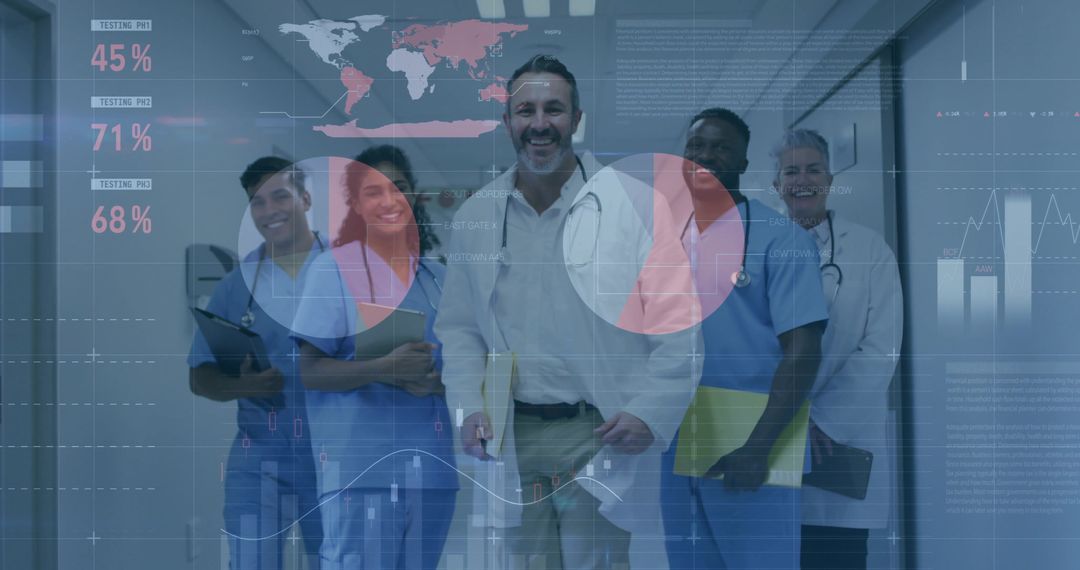 Medical Team with Digital Data Overlay in Hospital Corridor