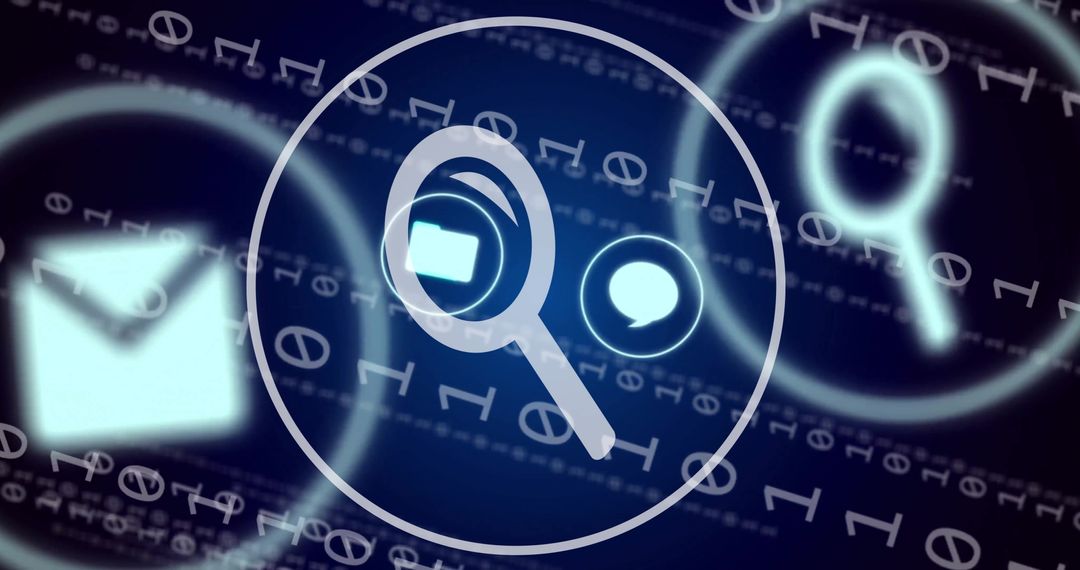 Magnifying Glass with Digital Search Icons Over Binary Code