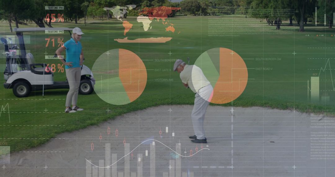 Golfer Practicing Precision Hit from Sand Bunker with Digital Data Overlay