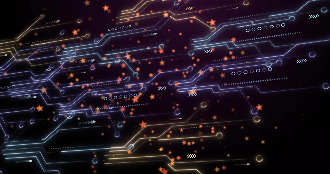 Pulsing neon circuit network tracing diagonal paths with glowing nodes and orange stars