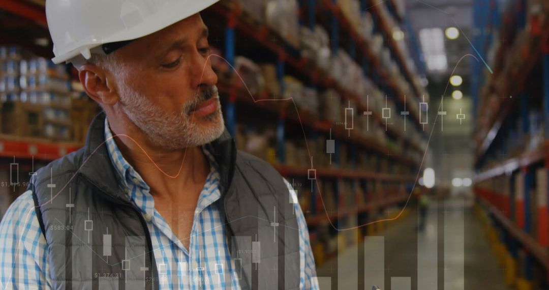 Warehouse Worker Analyzing Global Shipping Data Visualization