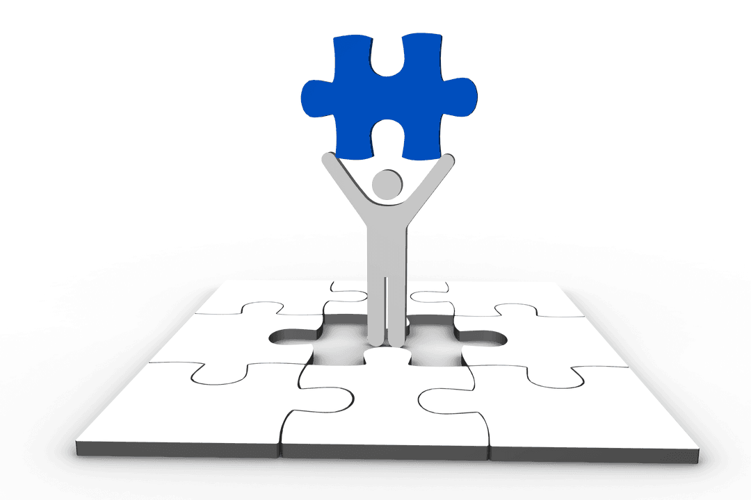 3D Figure Holding Blue Puzzle Piece on Transparent Background