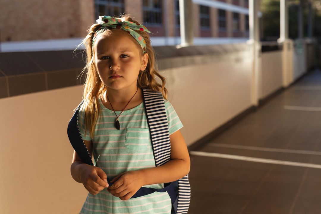 Young Student Standing in School Hallway with Backpack and Polka Dot Headband