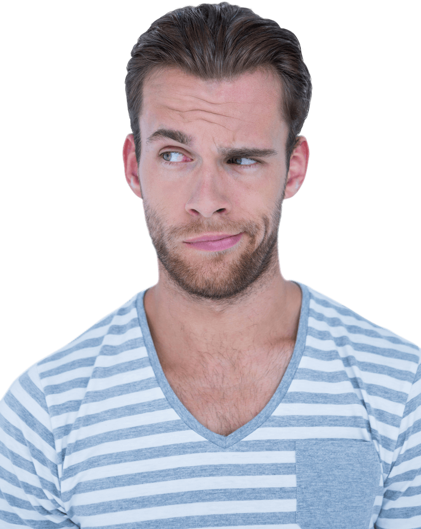 Transparent Background Young Man Pondering Thoughtfully in Striped Shirt
