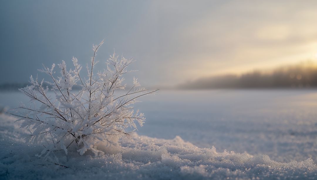 Hoarfrost-covered grass cluster sparkling on snowfield at golden sunrise