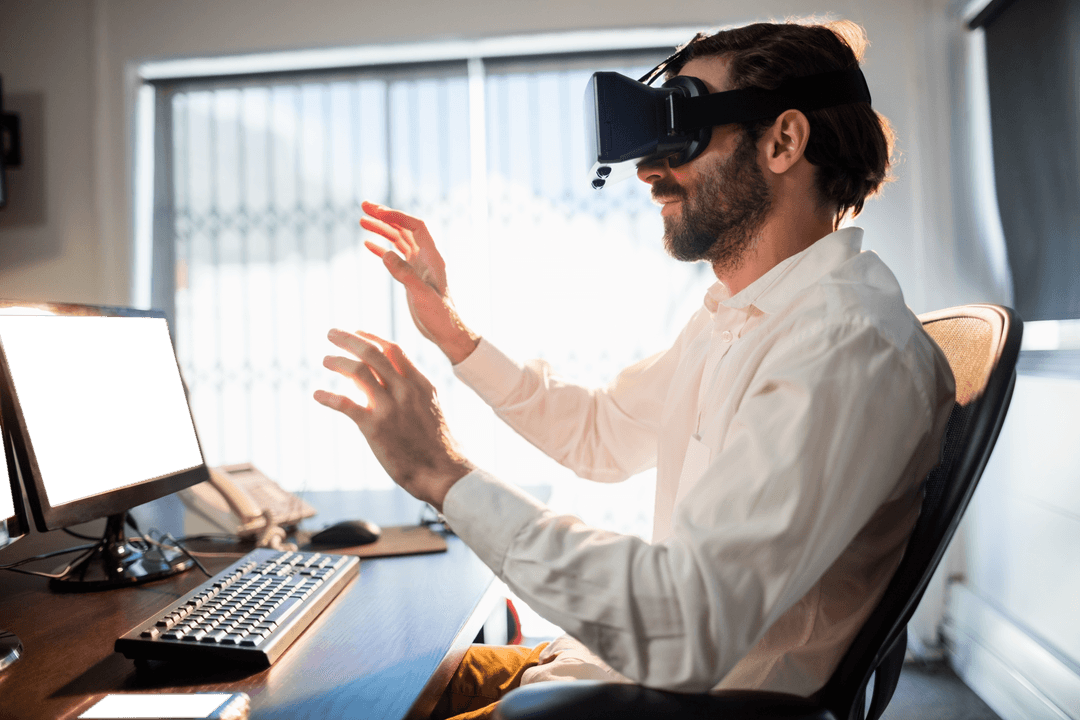 Businessman Experiencing Virtual Reality with Minimal Bannerheadset in Modern Office