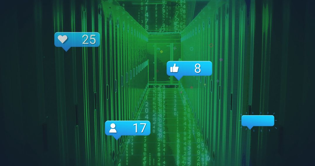 Futuristic Data Center with Digital Notifications and Green Code Overlay