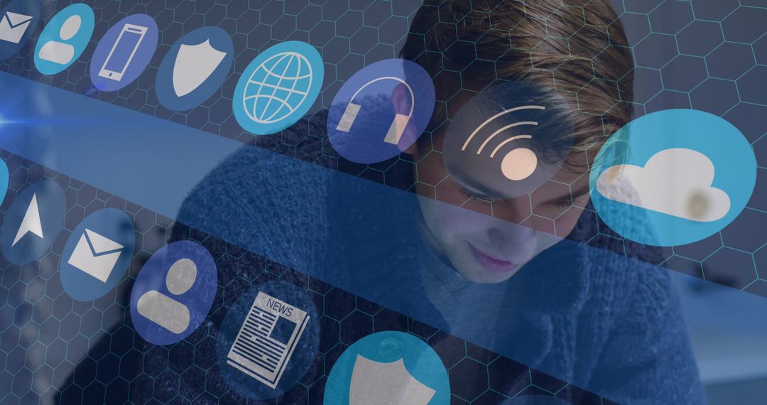 Caucasian Male with Smartphone Surrounded by Digital Technology Icons