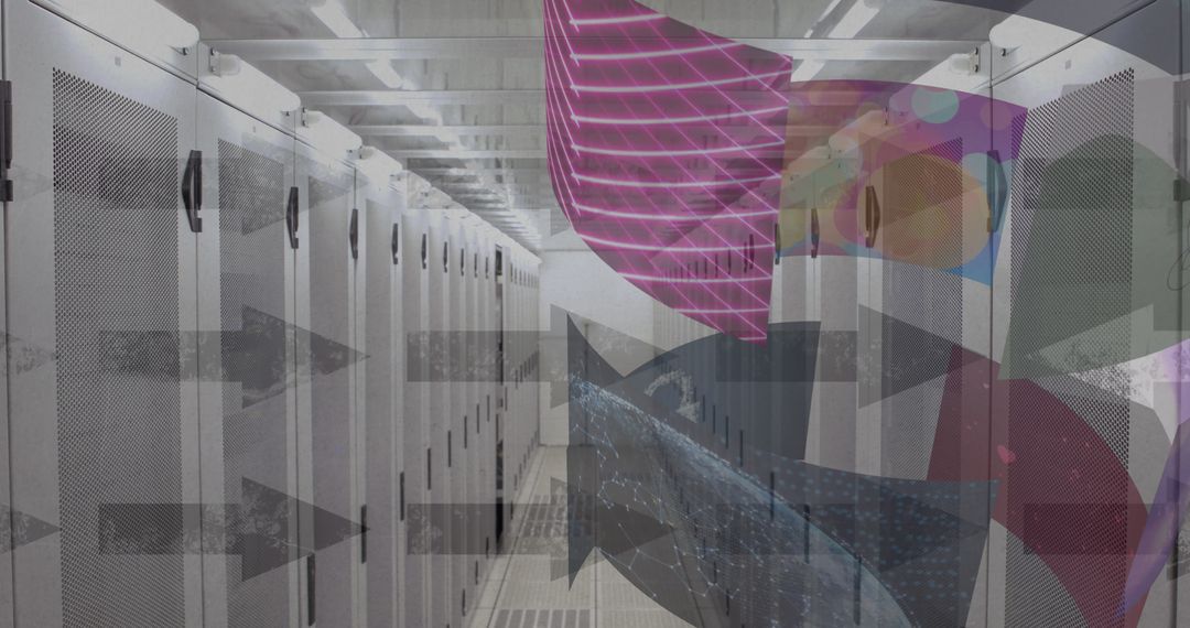 Futuristic Data Center with Digital Arrows and Processing Grid