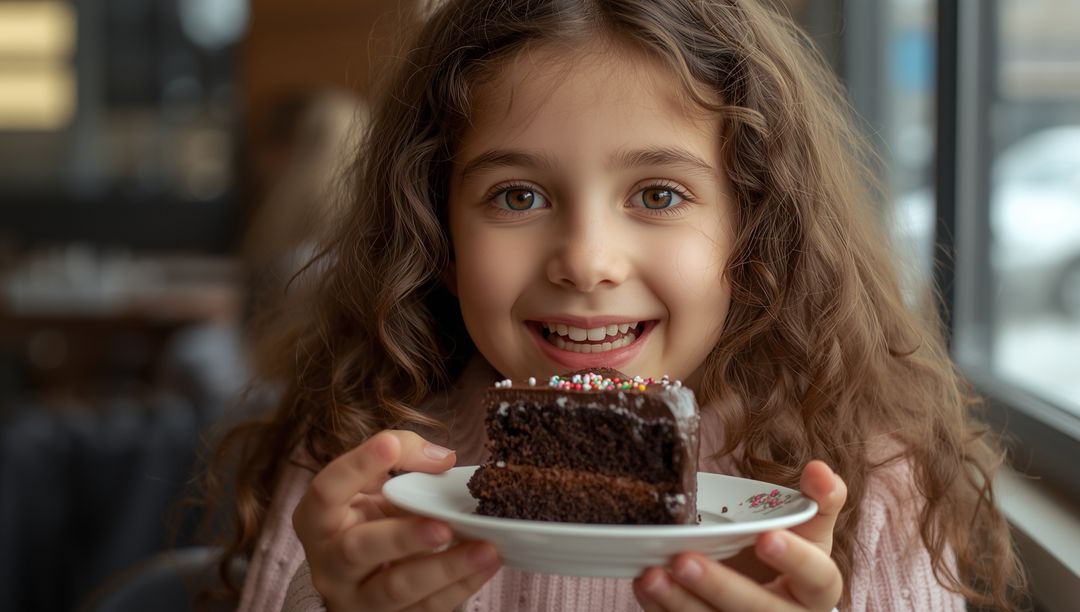Smiling Girl Enjoying Slice of Chocolate Cake in Cafe