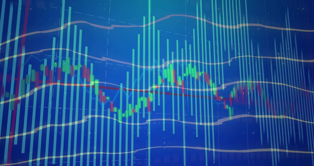 Visualizing Neon Financial Candlestick Chart with Cyan Volume Bars and Bollinger Bands