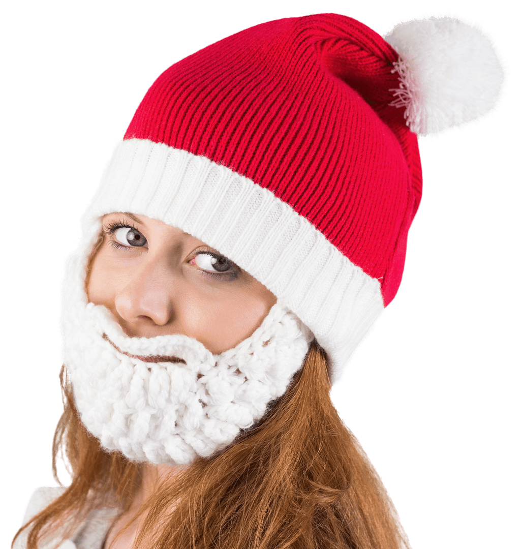 Transparent Santa Hat with Knitted Beard Close-Up Portrait