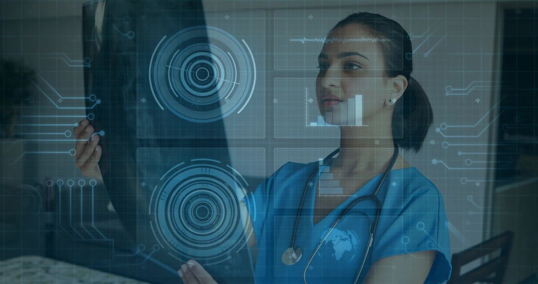 Female Clinician Holding Radiograph Studying Augmented Reality Medical Data Overlays