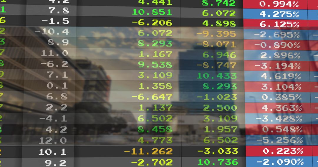 Futuristic Financial Data Overlay with Urban Skyline Backdrop