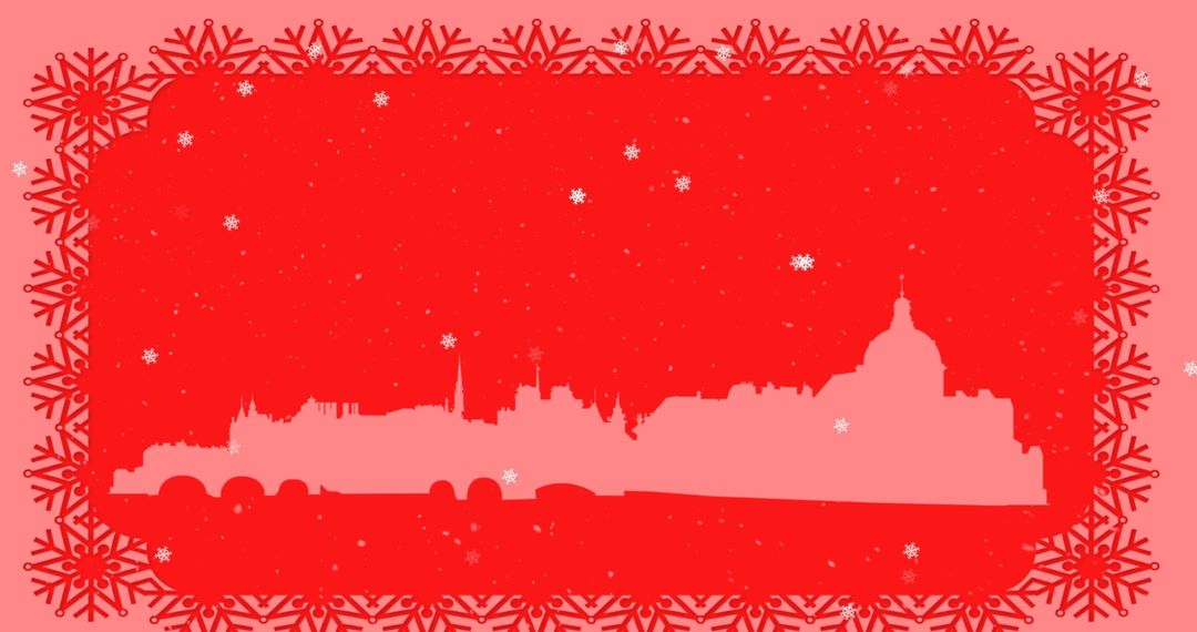 Festive Pink City Skyline with Red Snowflake Border