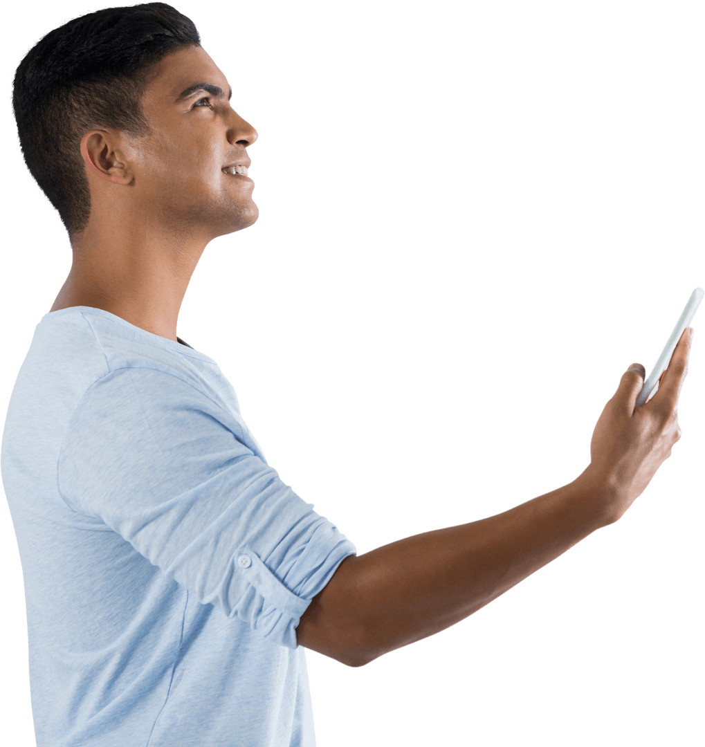 Smiling Biracial Man Using Smartphone on Transparent Background