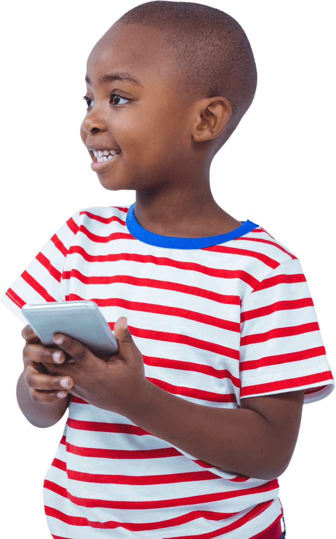Joyful Child with Smartphone on Transparent Background