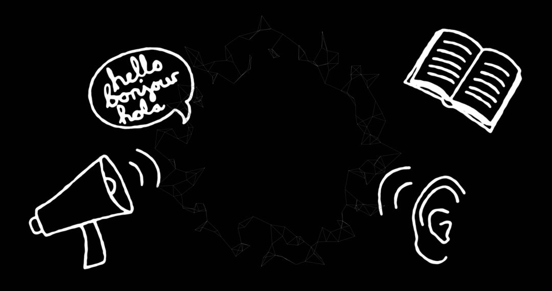 Language Learning Concept with Stylized Icons on Black Background