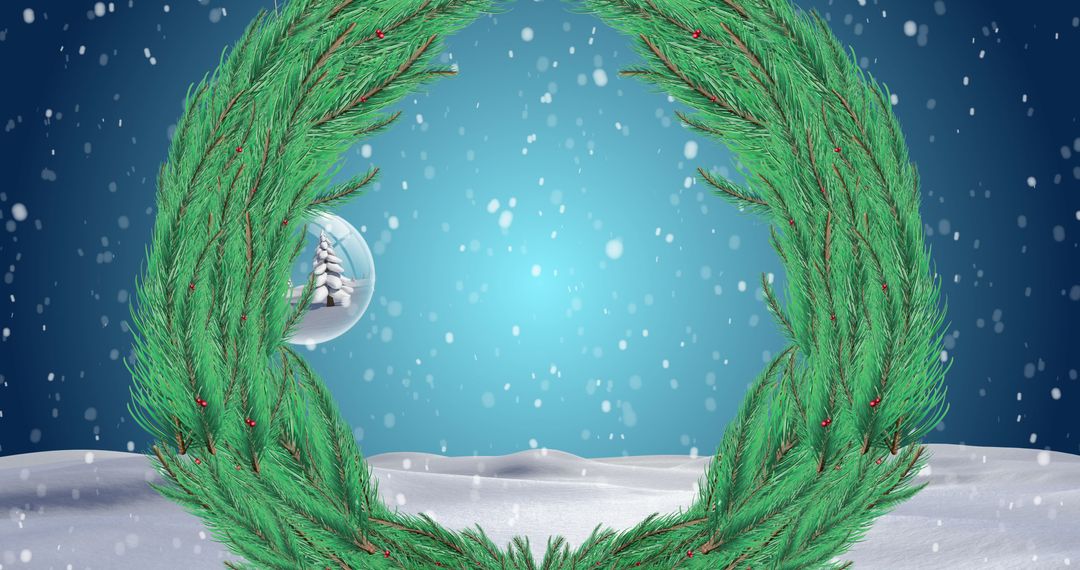 Holiday Themed Pine Wreath with Snowy Background and Bauble