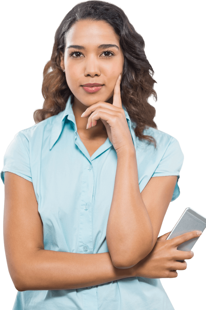 Transparent Portrait of Confident Businesswoman Holding Smartphone