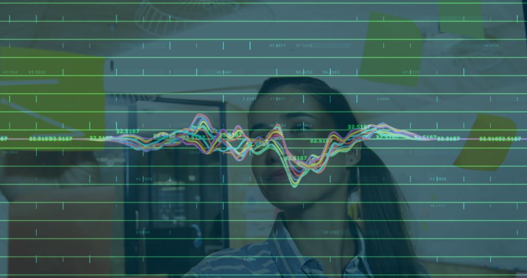 Woman Engaging with Augmented Reality Data Display in Modern Office